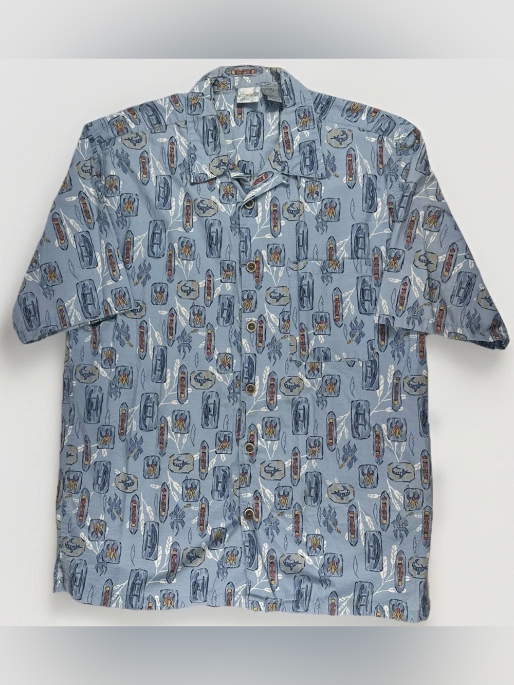 OP Ocean Pacific Shirt Mens L Blue Canoe Hawaiian Aloha Surf Camp Button Up